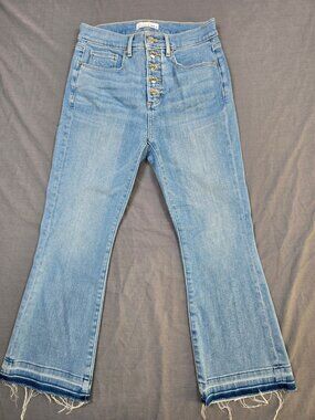 Loft Womens The Kick Crop Jeans Size 27 Petite Blue Distressed Frayed Hem